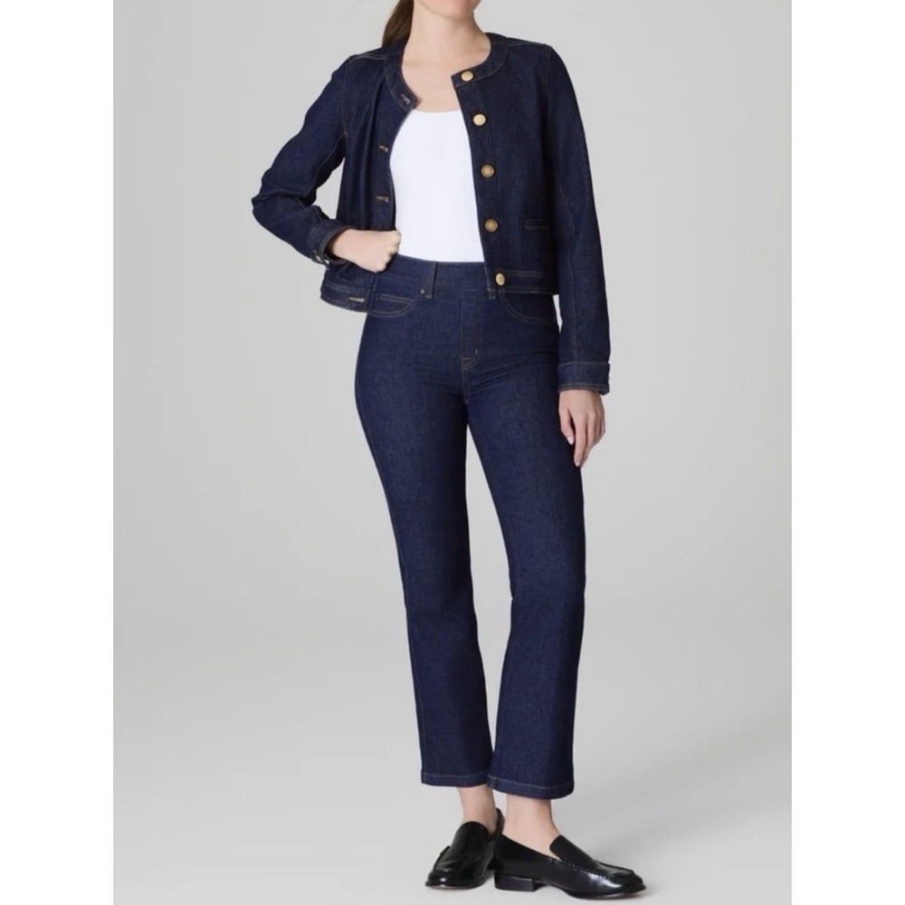 Spanx Kick Flare Jeans Raw Indigo Petite Small Pull On Dark Blue Denim